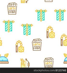 Viking Ancient Culture Collection Vector Seamless Pattern Color Line Illustration. Viking Ancient Culture Collection Icons Set Vector