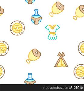 Viking Ancient Culture Collection Vector Seamless Pattern Color Line Illustration. Viking Ancient Culture Collection Icons Set Vector