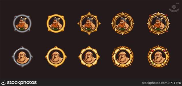 Viking and warrior game avatars in gold ranking frames. Vector cartoon set of badges with heads of characters in silver and golden circle borders with gems isolated on black background. Viking game avatars in gold ranking frames