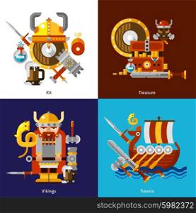 Viking Army Icons Set. Viking army icons set with kit treasure and travels symbols flat isolated vector illustration