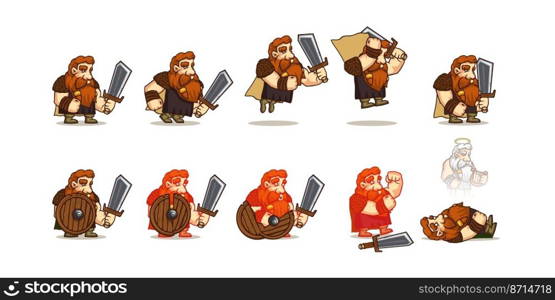 Viking cartoon character sprite sheet animation for 2d rpg game. Scandinavian warrior personage fight with sword, dying in battle with soul fly out of dead body animated effect, Vector illustration. Viking cartoon character sprite sheet animation