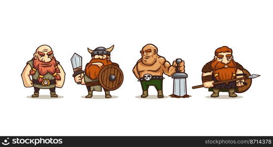 Viking cartoon characters, ancient scandinavian warriors with gin≥r beard, sword, spear and wooden shields. Game persona≥s, funny medieval barbarians in hor≠d helmets mascots, Vector illustration. Viking cartoon characters, game persona≥s set