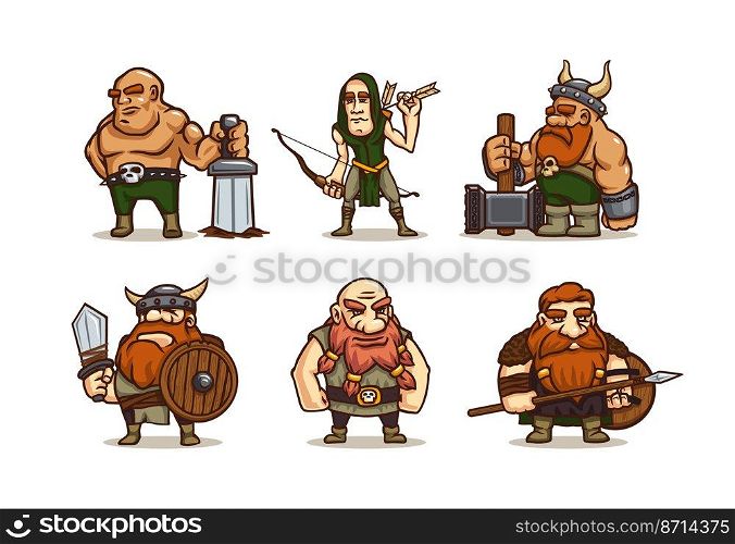 Viking cartoon characters, ancient scandinavian warriors with sword, hammer, bow, spear and wooden shields. Game or fairy tale personages, medieval barbarians in horned helmets, Vector illustration. Viking characters, ancient scandinavian warriors