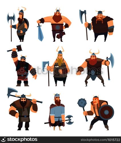 Viking cartoon. Mythology of medieval warrior norse people vector characters. Illustration of warrior with beard in helmet, viking with weapon. Viking cartoon. Mythology of medieval warrior norse people vector characters