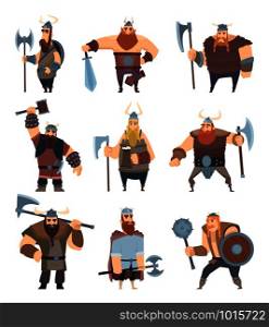 Viking cartoon. Mythology of medieval warrior norse people vector characters. Illustration of warrior with beard in helmet, viking with weapon. Viking cartoon. Mythology of medieval warrior norse people vector characters