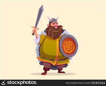Viking character, ancient scandinavian warrior with sword and wooden shield with snake emblem. Vector cartoon illustration of medieval barbarian in horned helmet isolated on background. Viking character, ancient scandinavian warrior