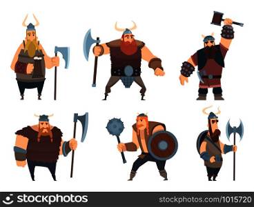 Viking characters. Medieval norwegian warriors military people vector cartoon mascots. Illustration of scandinavian warrior, medieval viking. Viking characters. Medieval norwegian warriors military people vector cartoon mascots