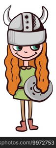 Viking girl with orange hair, illustration, vector on white background