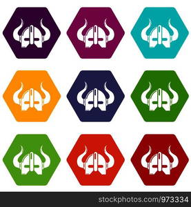 Viking helmet icons 9 set coloful isolated on white for web. Viking helmet icons set 9 vector