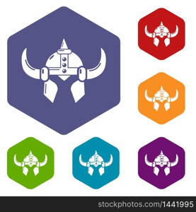 Viking helmet knight icons vector colorful hexahedron set collection isolated on white. Viking helmet knight icons vector hexahedron