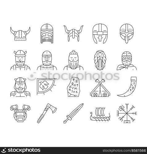 viking medieval norse helmet icons set vector. nordic ancient shield, knight barbarian warrior, sword ship, tattoo, rune armor viking medieval norse helmet black contour illustrations. viking medieval norse helmet icons set vector