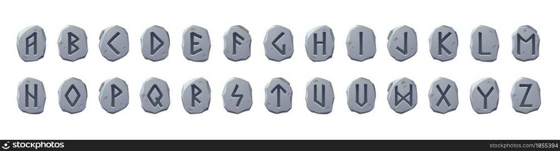 Viking runes alphabet, celtic font with ancient runic signs on grey stone pieces. Abc nordic style scandinavian letters, futark type symbols, game or ui graphic design elements, Cartoon vector set. Viking runes alphabet celtic font with runic signs