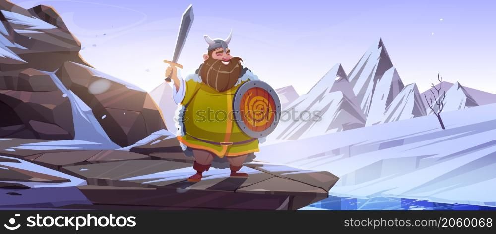 Viking, scandinavian warrior, cartoon character. Funny fat man barbarian soldier with beard wearing cape, horned helmet, sword and round shield stand on northern rocky landscape, vector illustration. Viking, scandinavian warrior, cartoon character
