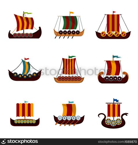 Viking ship boat drakkar icons set. Flat illustration of 9 viking ship boat drakkar vector icons for web. Viking ship boat drakkar icons set, flat style