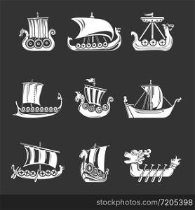Viking ship boat drakkar icons set vector white isolated on grey background . Viking ship boat drakkar icons set grey vector
