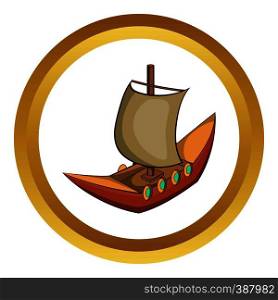 Viking ship vector icon in golden circle, cartoon style isolated on white background. Viking ship vector icon