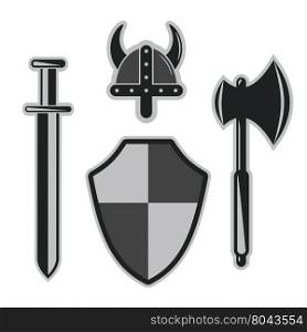viking sword, helmet, shield armor set abstract vector illustration