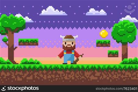 Viking wearing horned hat vector, 8 bit pixel game scene with heroic male character pixelated personage with weapon ready to fight, trees and grass clouds. Game landscape. Viking Pixel Game Graphics Heroic Man Pixelated
