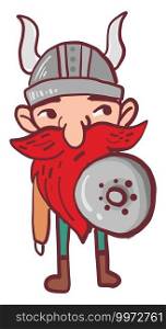 Viking with shield, illustration, vector on white background