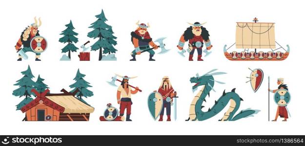 Vikings. Cartoon barbarian characters with steel and leather weapon and armor, scandinavian funny illustration. Vector history isolated character barbarians flat set. Vikings. Cartoon barbarian characters with steel and leather weapon and armor, scandinavian funny illustration. Vector isolated flat set