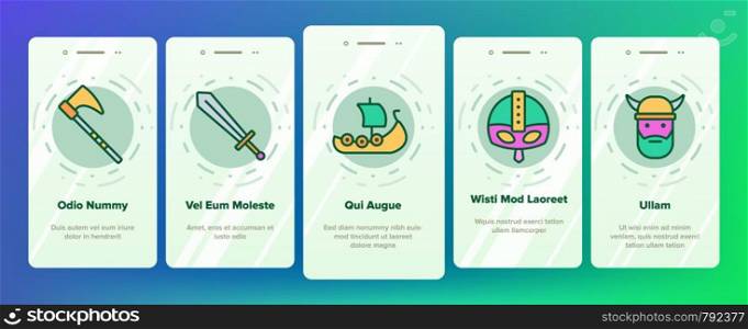 Vikings Life Active Rest Vector Onboarding Mobile App Page Screen. Vikings Accessories, Weapons, Ammunition Linear Pictograms. Traditional Scandinavian Swords, Axes, Helmets Illustrations. Vikings Life Active Rest Vector Onboarding