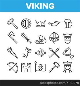 Vikings Life Active Rest Vector Thin Line Icons Set. Vikings Accessories, Weapons, Ammunition Linear Pictograms. Traditional Scandinavian Swords, Axes, Helmets Contour Illustrations. Vikings Life Active Rest Vector Thin Line Icons Set