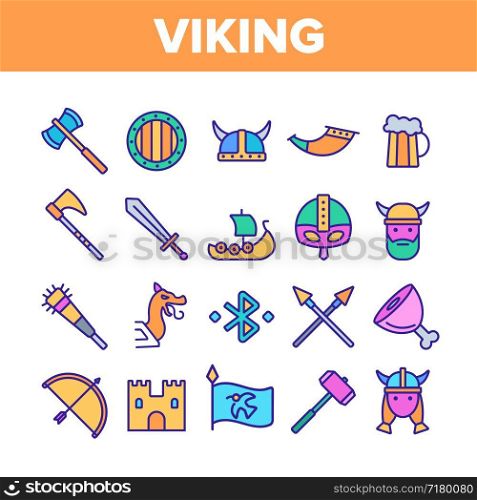 Vikings Life Active Rest Vector Thin Line Icons Set. Vikings Accessories, Weapons, Ammunition Linear Pictograms. Traditional Scandinavian Swords, Axes, Helmets Contour Illustrations. Vikings Life Active Rest Vector Color Line Icons Set