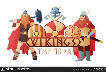 Vikings stylish lettering board with legendary scandinavian warriors in traditional clothing flat composition title header vector illustration