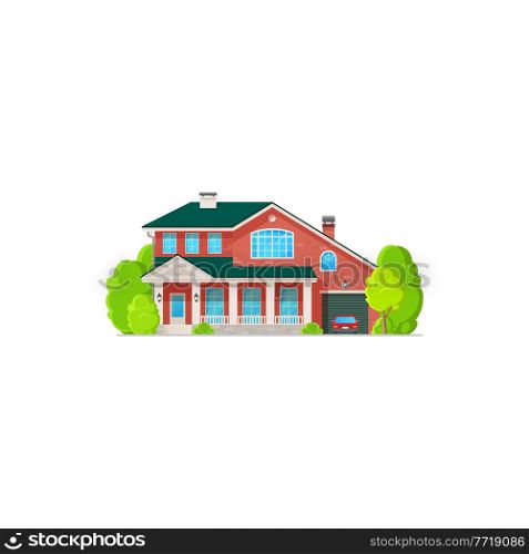 Villa house, cottage, real estate private two-storied building vector icon. Residential home of red brick with car in garage and green trees. Luxury townhouse isolated cartoon residence apartment. Villa cottage, real estate private building icon