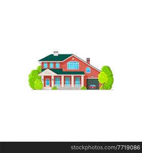Villa house, cottage, real estate private two-storied building vector icon. Residential home of red brick with car in garage and green trees. Luxury townhouse isolated cartoon residence apartment. Villa cottage, real estate private building icon