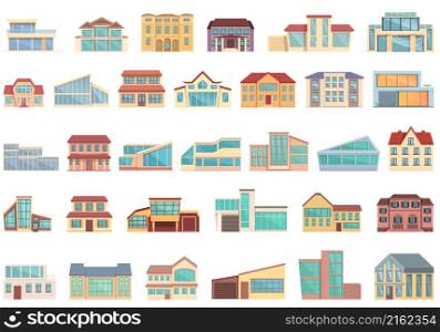 Villa icons set cartoon vector. House building. Mansion front. Villa icons set cartoon vector. House building