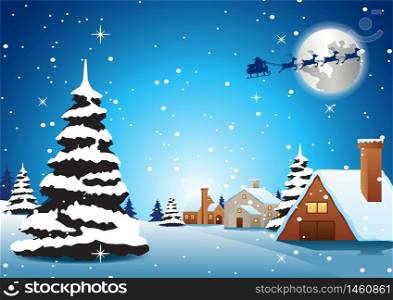 village are on xmas night and santa fly away to send gift to everyone,vector illustration