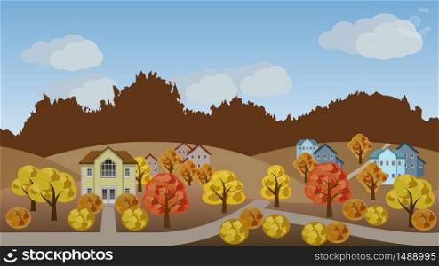 Village autumn landscape scene. Cartoon background with town houses, hills and colorful trees, can be used in game asset. Flat style vector illustration