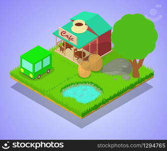 Village cafe concept banner. Isometric banner of village cafe vector concept for web, giftcard and postcard. Village cafe concept banner, isometric style