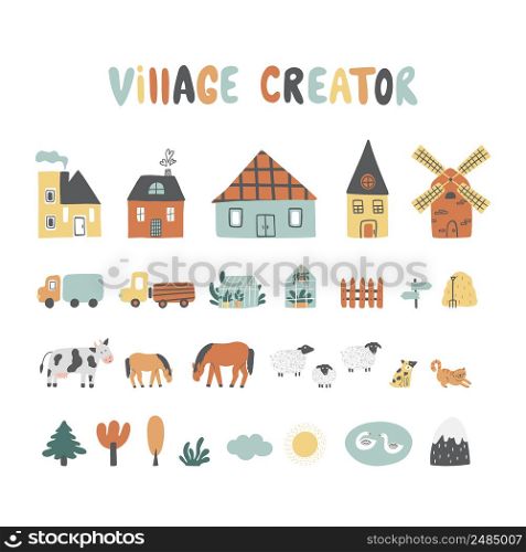 Village creator with houses, cars, animals, trees, mill, greenhouse and etc. Can be used for kids rooms, t-shirt prints, cards, games, and frames. Vector set with hand-drawn elements.