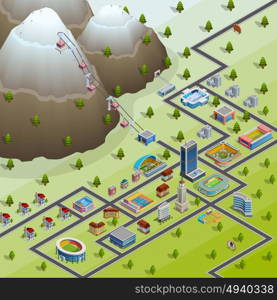 Village Facilities Isometric Layout poster. Sport village buildings and accommodations for participating in games athletes isometric layout birds eye view poster vector illustration