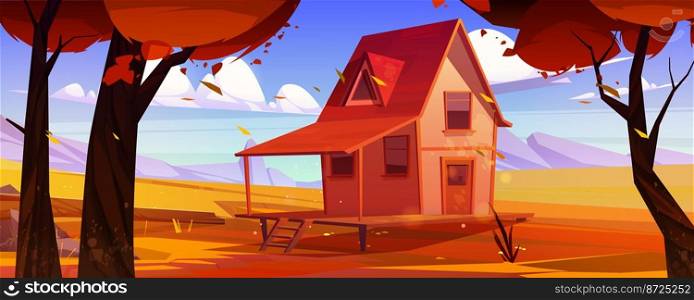 Village house in autumn mountain valley with orange grass, trees, stones and rocks. Fall countryside landscape with small wooden farmhouse with porch and garden, vector cartoon illustration. Village house in autumn mountain valley with trees