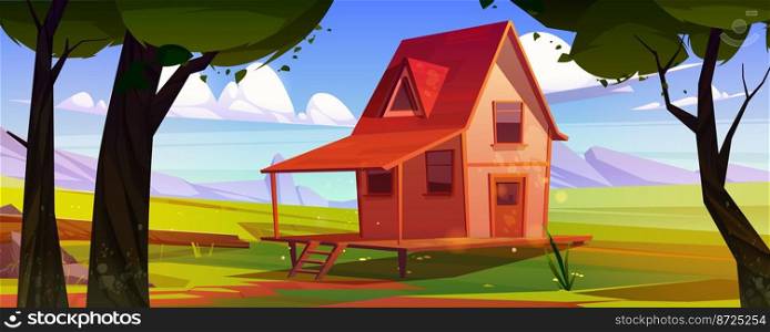 Village house in mountain valley with green grass, trees, stones and rocks. Summer countryside landscape with small wooden farmhouse with porch and garden, vector cartoon illustration. Village house in mountain valley with trees