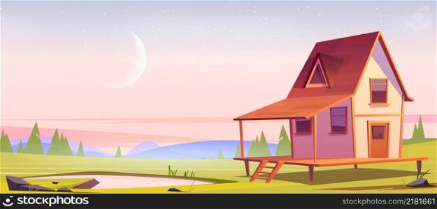 Village house on hill with pond and green grass at morning. Vector cartoon illustration of summer or spring landscape of countryside with small wooden cottage, lake, trees and waxing moon in sky. Village house on hill with pond at morning