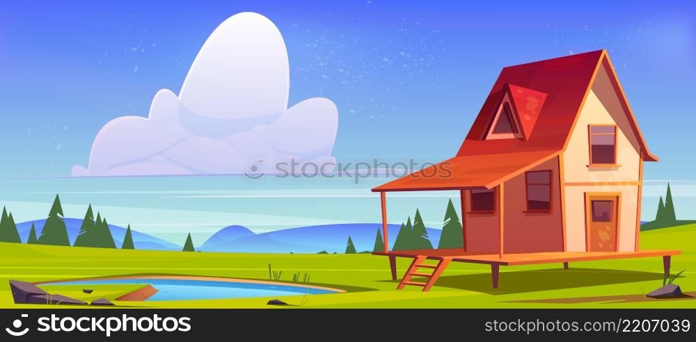 Village house on hill with pond, green grass and trees. Vector cartoon illustration of summer or spring landscape of countryside with small wooden cottage with porch and lake. Village house on hill with pond and green grass