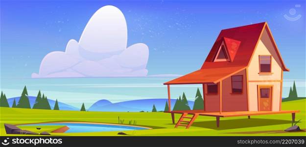 Village house on hill with pond, green grass and trees. Vector cartoon illustration of summer or spring landscape of countryside with small wooden cottage with porch and lake. Village house on hill with pond and green grass