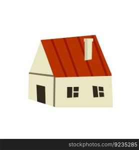 Village house. Rural is a white building with a red roof. Children drawing. Cozy home. Flat cartoon illustration. Village house. Rural building