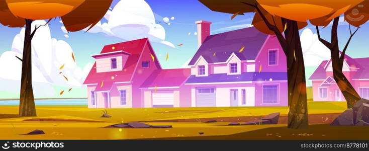 Village houses on river coast in autumn. Countryside landscape, fall nature panorama with cottages on lake shore, trees with orange leaves and grass in fall, vector cartoon illustration. Village houses on river coast in autumn