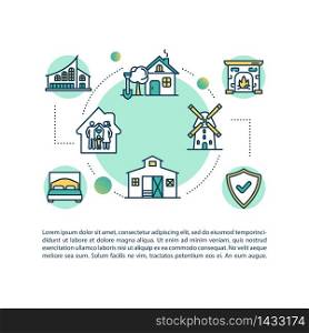 Village housing concept icon with text. Real estate for family. Farm living and ranch property. PPT page vector template. Brochure, magazine, booklet design element with linear illustrations. Village housing concept icon with text