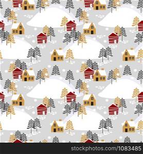 Village in Christmas season seamless pattern