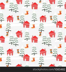 Village in Christmas season seamless pattern. Cute fox in the winter forest.