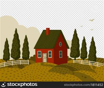Village landscape. Rural landscape with Red farm house in rustic style on green field with cypresses. Vector illustration in flat cartoon style.. Village landscape. Rural landscape with Red farm house in rustic style on green field with cypresses.