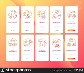 Village life benefit onboarding mobile app page screen set with concepts. Healthy lifestyle walkthrough 5 steps graphic instructions. UI vector template with RGB color illustrations. Village life benefit onboarding mobile app page screen set with concepts