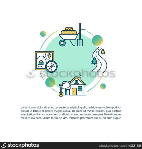 Village life concept icon with text. Country living. House in countryside. Farm production. PPT page vector template. Brochure, magazine, booklet design element with linear illustrations. Village life concept icon with text