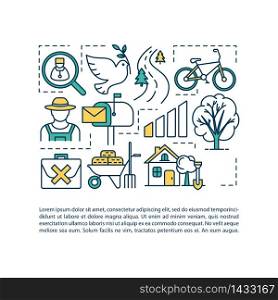 Village life conditions concept icon with text. Advantage and disadvantage of country living. PPT page vector template. Brochure, magazine, booklet design element with linear illustrations. Village life conditions concept icon with text